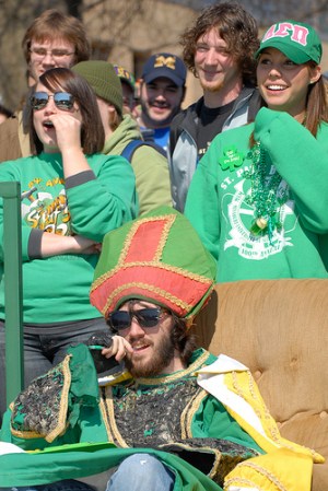 The 2008 St. Pat, Paul Voss, watches St. Pat's Follies last March along with a throng of S&T students. (How'd that guy with the Michigan cap get in there?)