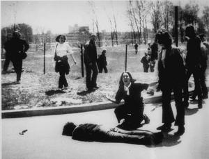 The iconic image: Mary Ann Vecchio kneeling by the body of a student lying face down on the campus of Kent State University, May 4, 1970. (AP photo/John Filo)
