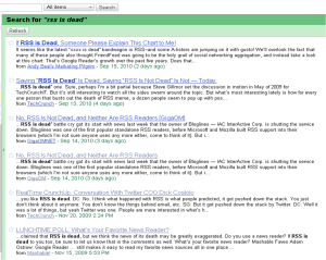 A Google Reader search for "RSS Is Dead"