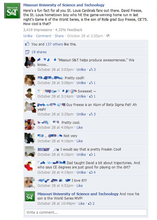 FB-WorldSeries-post Using combined relevance -- in this case, the World Series and a Missouri S&T graduate's family connection -- on our Facebook site