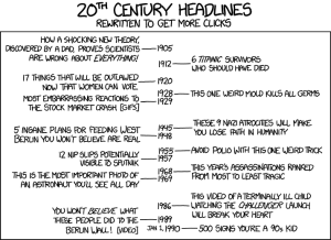 If 20th century headlines were rewritten to get more clicks (xkcd). Click (heh) to see original.