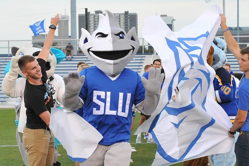 The recently redesigned -- and more recently reconsidered -- Billiken mascot made its debut on Sept. 20. (Photo by Bill Barrett via SLU website.)