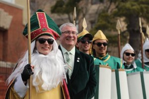 Missouri S&T's first female St. Pat is geology student Katelyn Jones, shown here with S&T interim Chancellor Chris Maples and members of her Court of St. Patrick. (Photo by Sam O'Keefe/Missouri S&T)