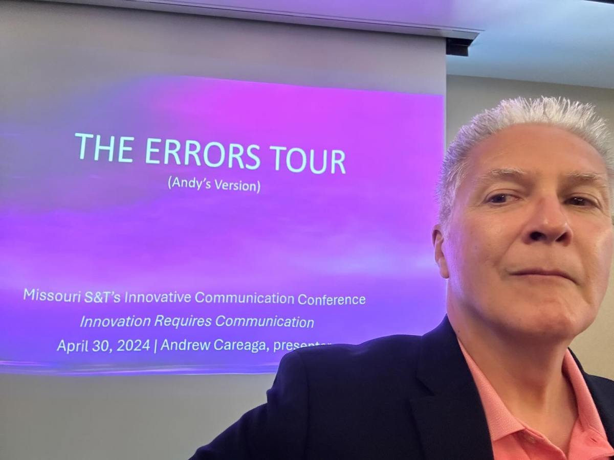 Proud selfie moment: Andrew Careaga prior to presenting "The Errors Tour (Andy's Version)" at the Innovative Communication Conference at Missouri S&T, April 30, 2024.