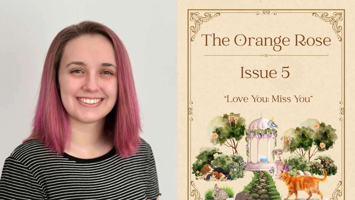 Amber Budd, writer and editor-in-chief of The Orange Rose Literary Magazine, and the cover of issue 5 of the magazine.